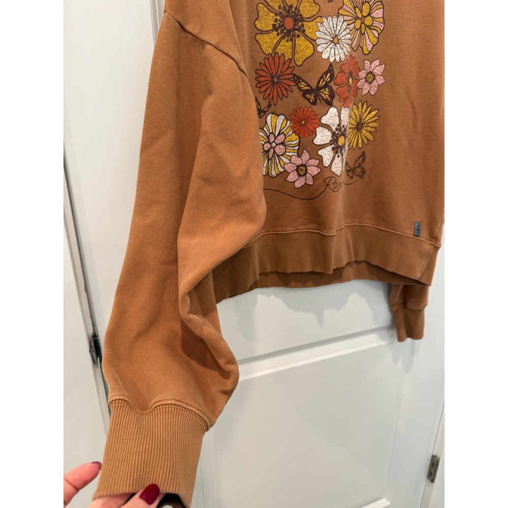 Roxy Womens Brown Floral Butterfly Graphic Crewneck Sweatshirt Small Retro Crop - Picture 5 of 7